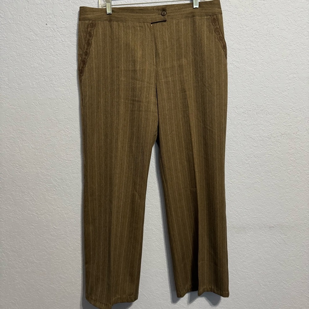 APNY Women Brown Pinstripe Pants Business Casual Trousers Lace Trim